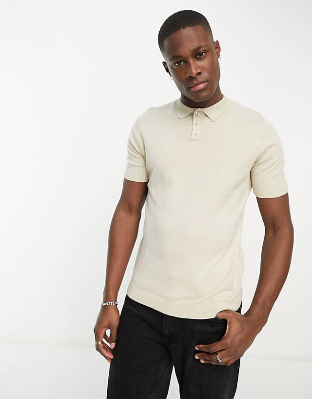 ASOS DESIGN - lightweight knitted cotton polo in stone
