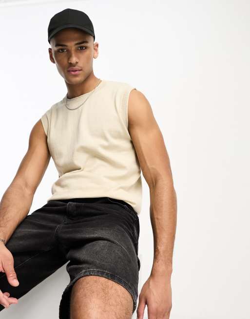ASOS DESIGN lightweight knitted cotton singlet in stone