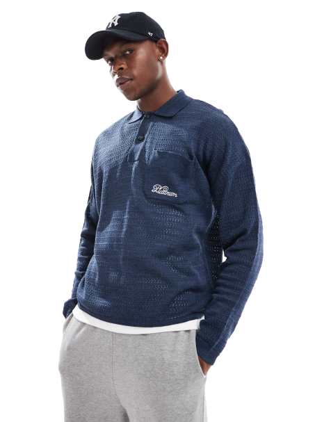 ASOS DESIGN lightweight knitted oversized boxy polo with embroidery in navy - view 1