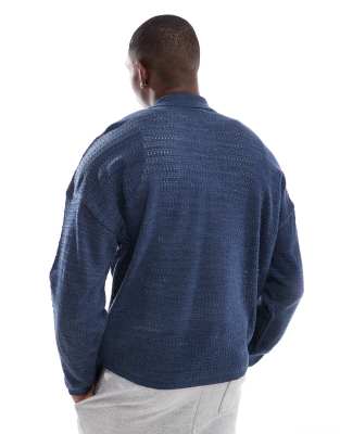 Asos Design Lightweight Knitted Oversized Boxy Polo With Embroidery In Navy