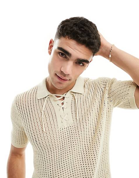 ASOS DESIGN lightweight knitted pointelle lace up polo in stone