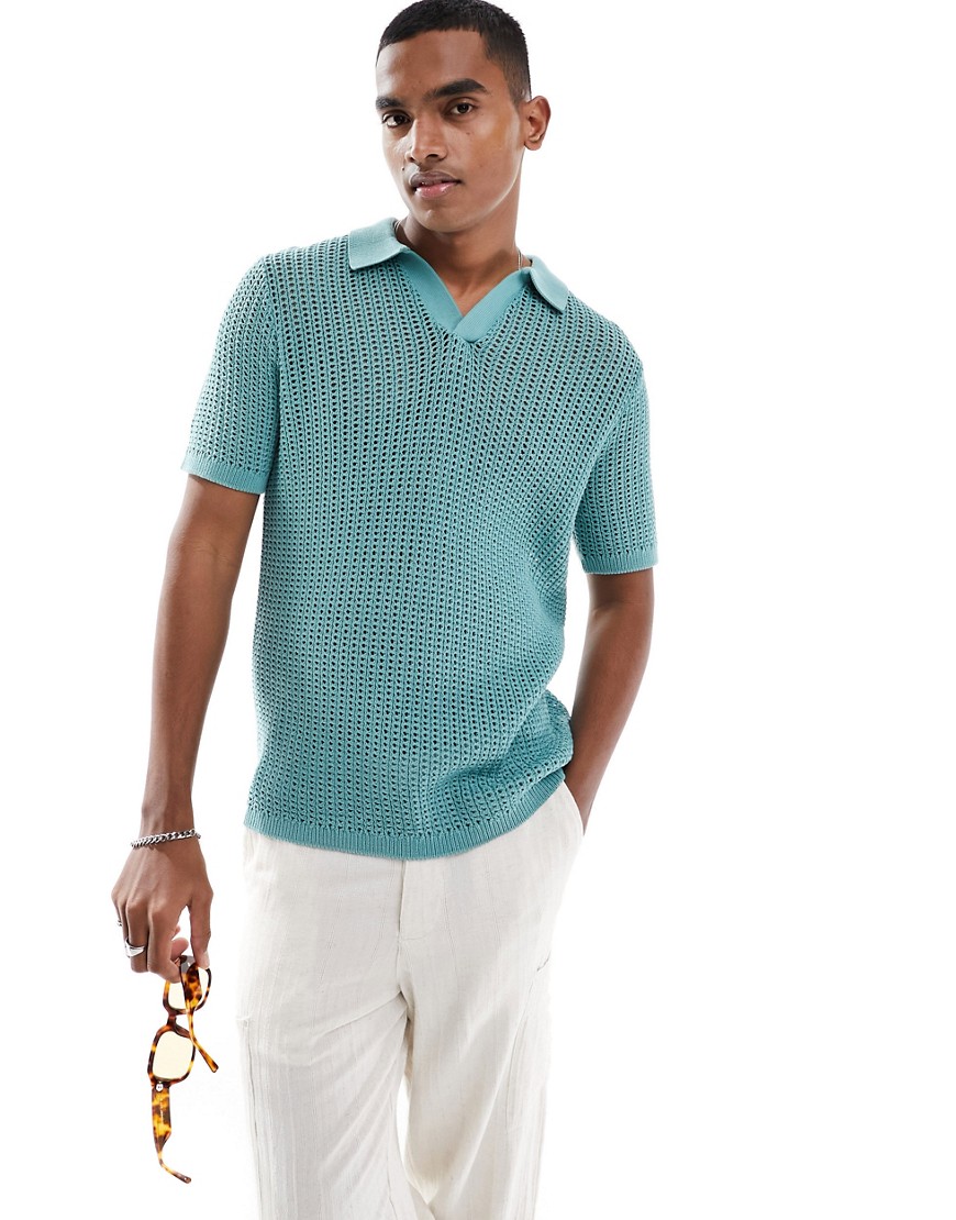 lightweight knitted pointelle notch neck polo in teal-Green
