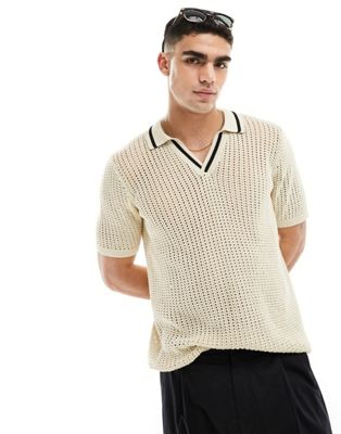 ASOS DESIGN lightweight knitted pointelle revere polo in stone with contrast notch