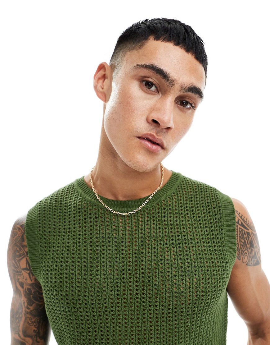 ASOS DESIGN lightweight knitted pointelle scoop tank khaki-Green