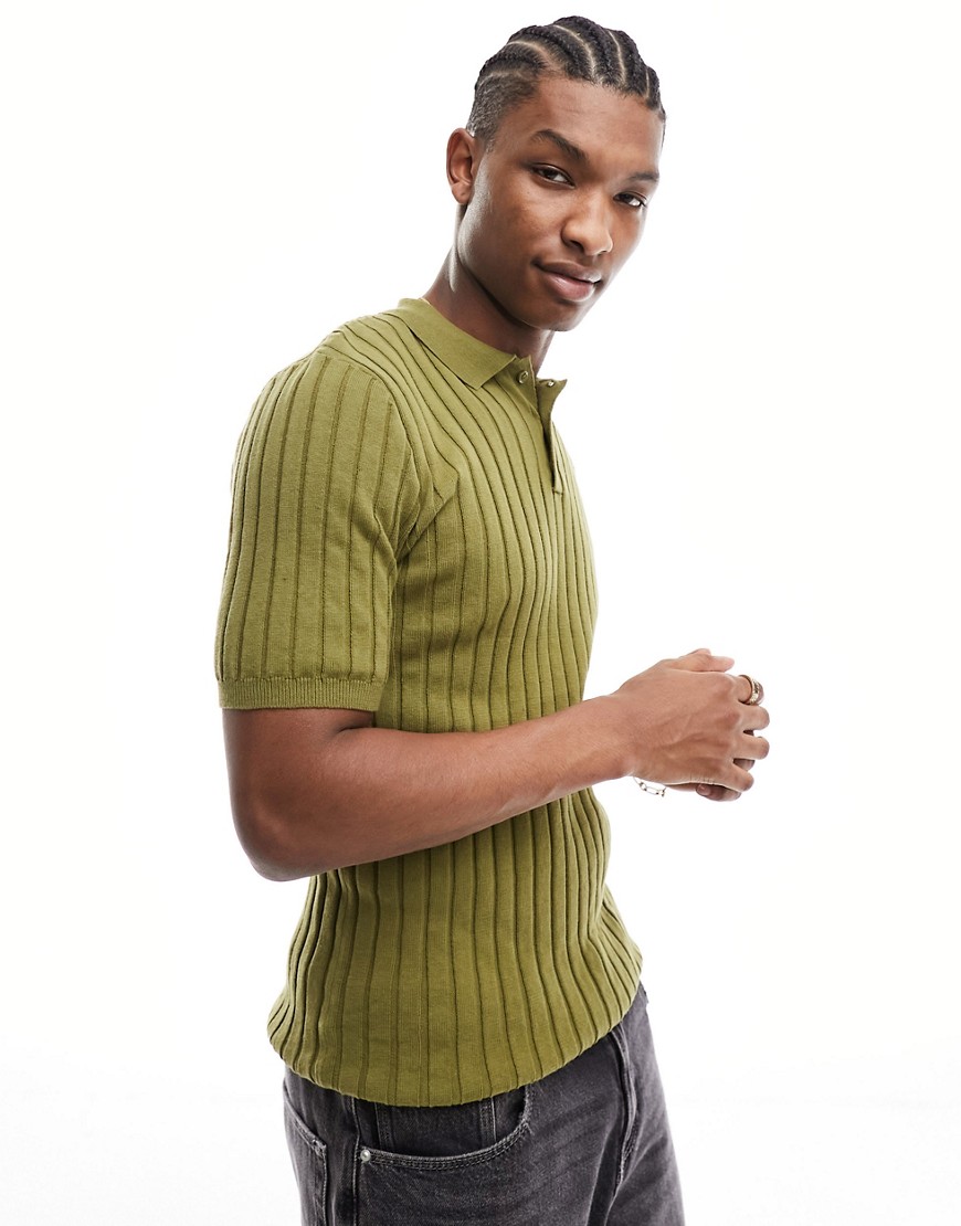 ASOS DESIGN lightweight knitted rib polo t-shirt in khaki-Green