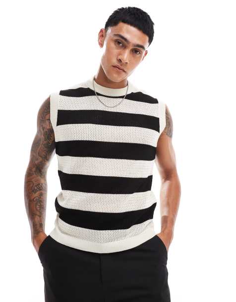 ASOS DESIGN lightweight knitted tank top in black and white stripe - view 1