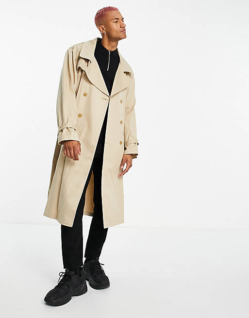 ASOS DESIGN lightweight longline double breasted trench coat in stone