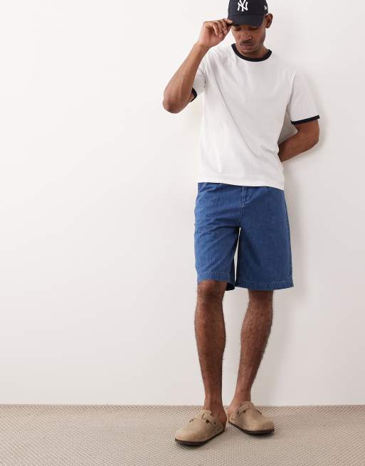ASOS DESIGN lightweight loose denim jorts in mid wash blue with pleats , 2 of 5