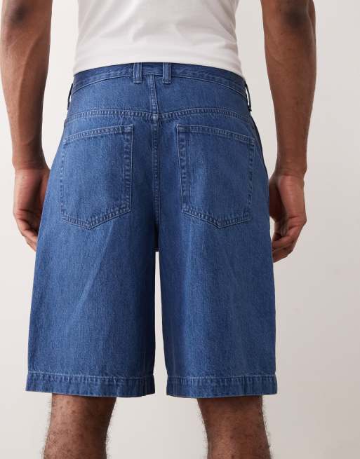 ASOS DESIGN lightweight loose denim jorts in mid wash blue with pleats , 3 of 5