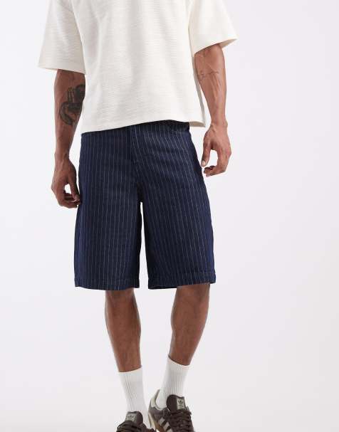 ASOS DESIGN lightweight loose striped denim jorts in dark wash blue - MBLUE - view 1