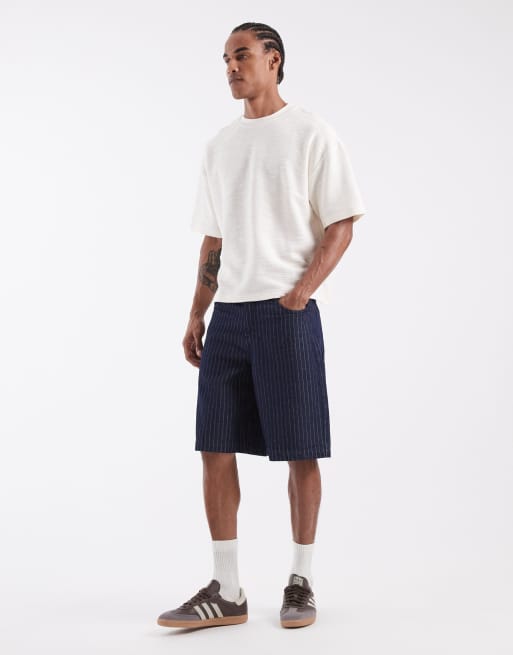 ASOS DESIGN lightweight loose striped denim jorts in dark wash blue, 2 of 5