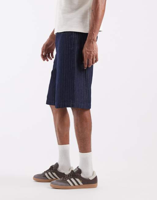 ASOS DESIGN lightweight loose striped denim jorts in dark wash blue, 4 of 5