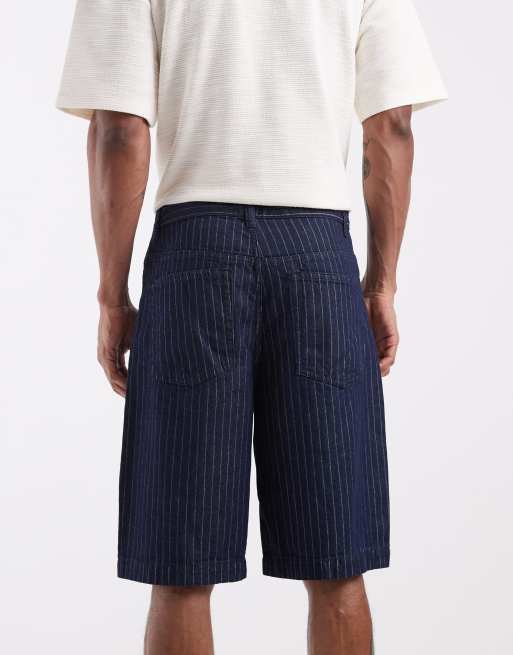 ASOS DESIGN lightweight loose striped denim jorts in dark wash blue, 5 of 5