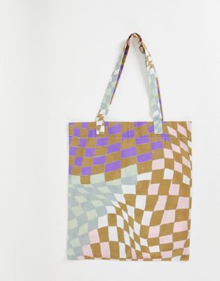 ASOS DESIGN lightweight cotton tote bag with checkerboard print in multicolour - MULTI