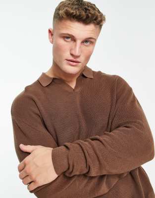 ASOS DESIGN lightweight oversized rib jumper with notch neck in brown - ASOS Price Checker