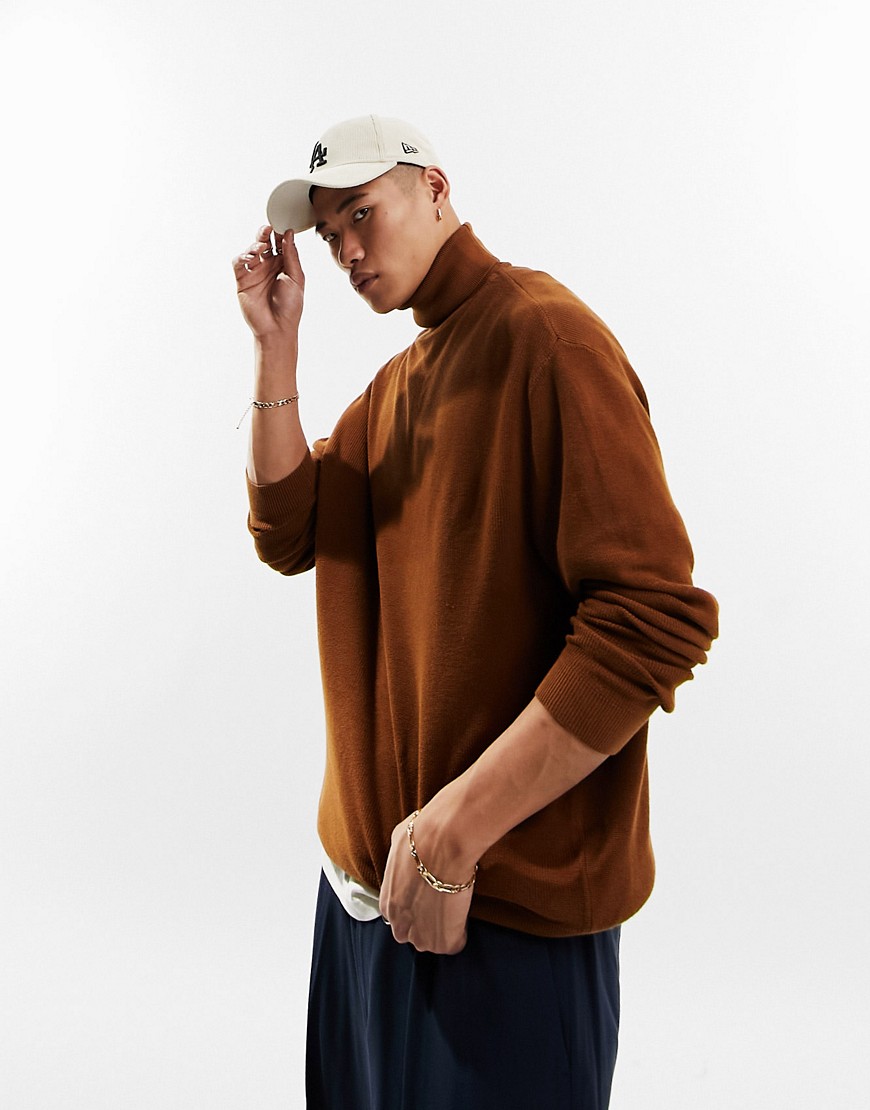ASOS DESIGN lightweight oversized rib roll neck sweater in brown
