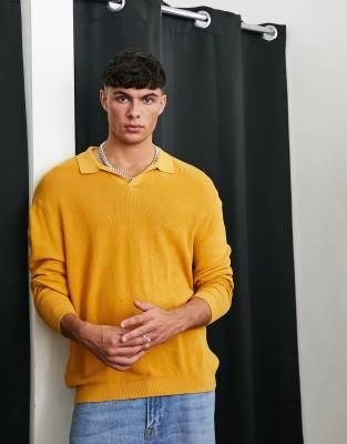 Asos Design Lightweight Oversized Rib Sweater With Notch Neck In Mustard yellow ModeSens