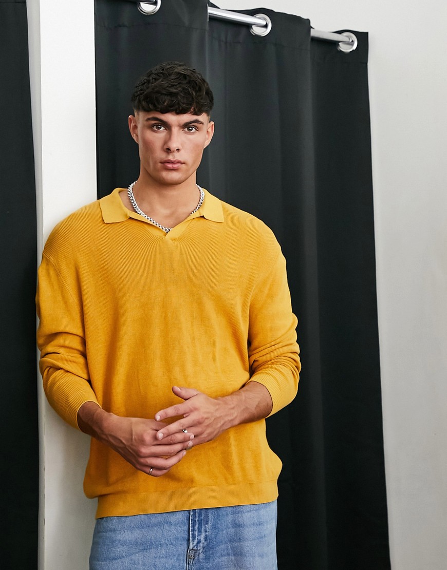 ASOS DESIGN lightweight oversized rib sweater with notch neck in mustard-Yellow