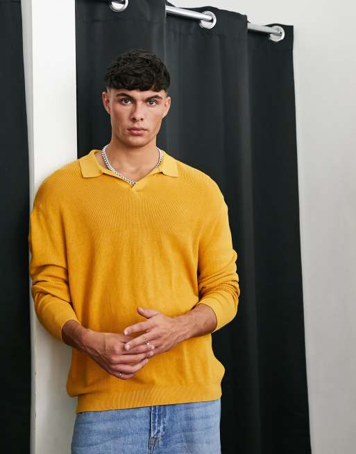 ASOS DESIGN lightweight oversized rib sweater with notch neck in mustard ASOS