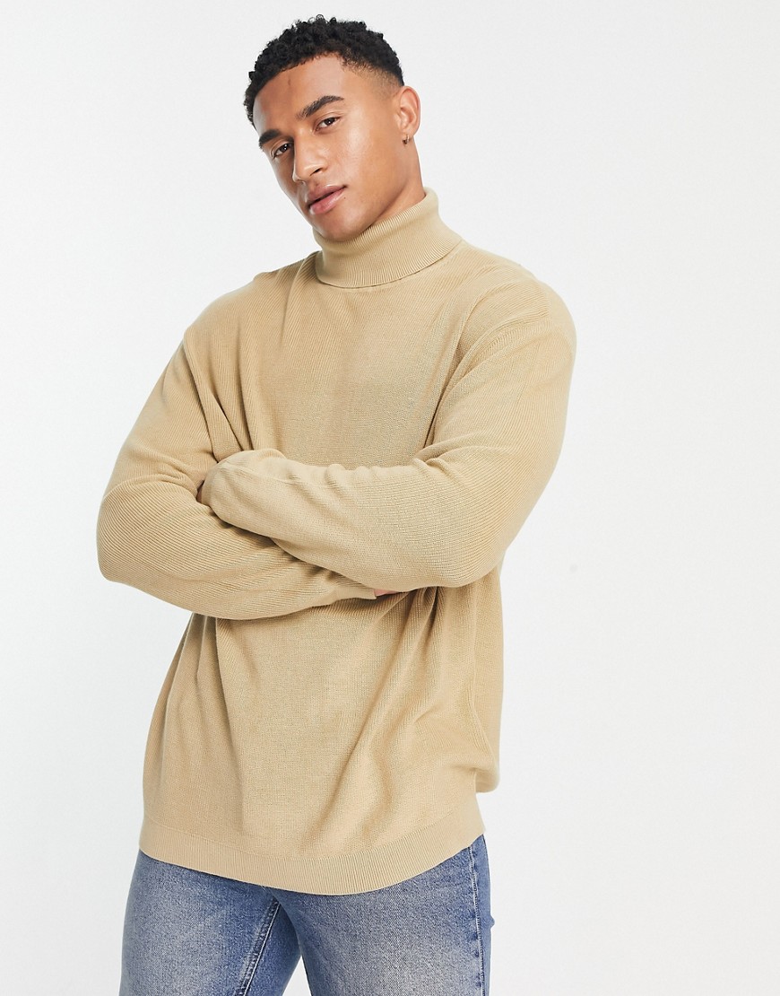 Asos Design Lightweight Oversized Ribbed Turtle Neck Sweater In Stone-neutral