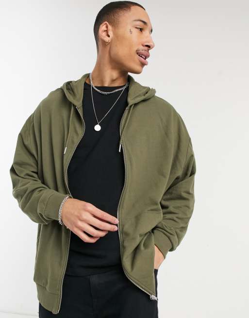 Olive green zip deals up hoodie mens