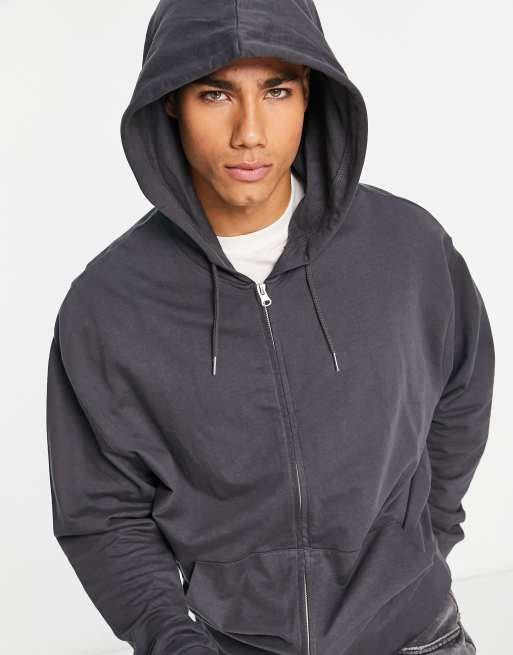 ASOS DESIGN lightweight oversized zip up hoodie in washed black BLACK