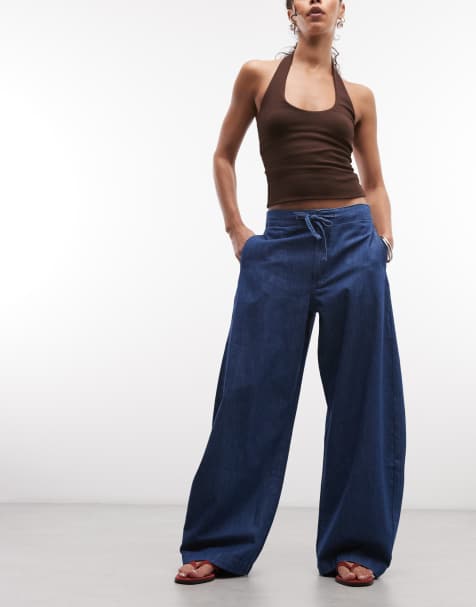 ASOS DESIGN lightweight pull on barrel trouser in darkwash - view 1