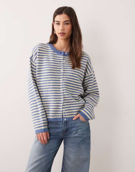ASOS DESIGN lightweight relaxed cardigan in blue and buttermilk stripe, 3 of 4