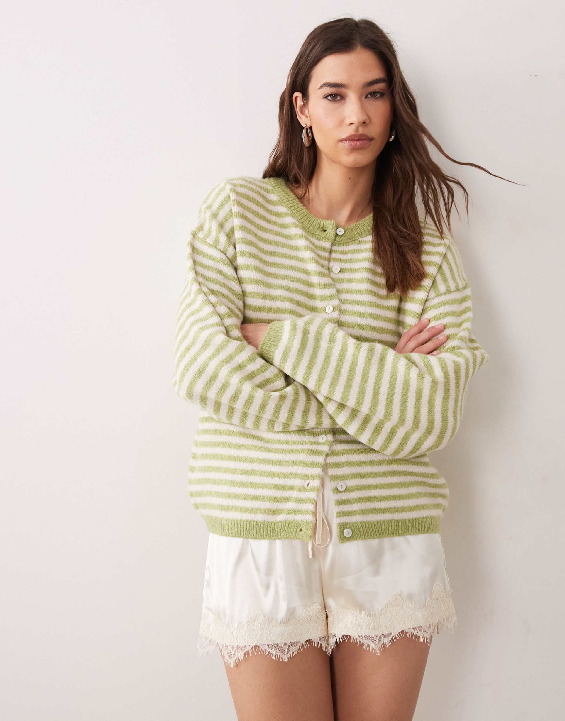 asos design lightweight relaxed cardigan in pistachio and white stripes