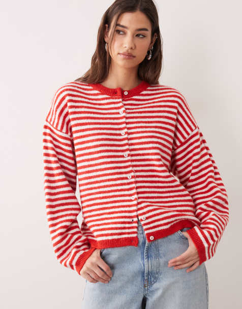 ASOS DESIGN lightweight relaxed cardigan in red and white stripe - view 1