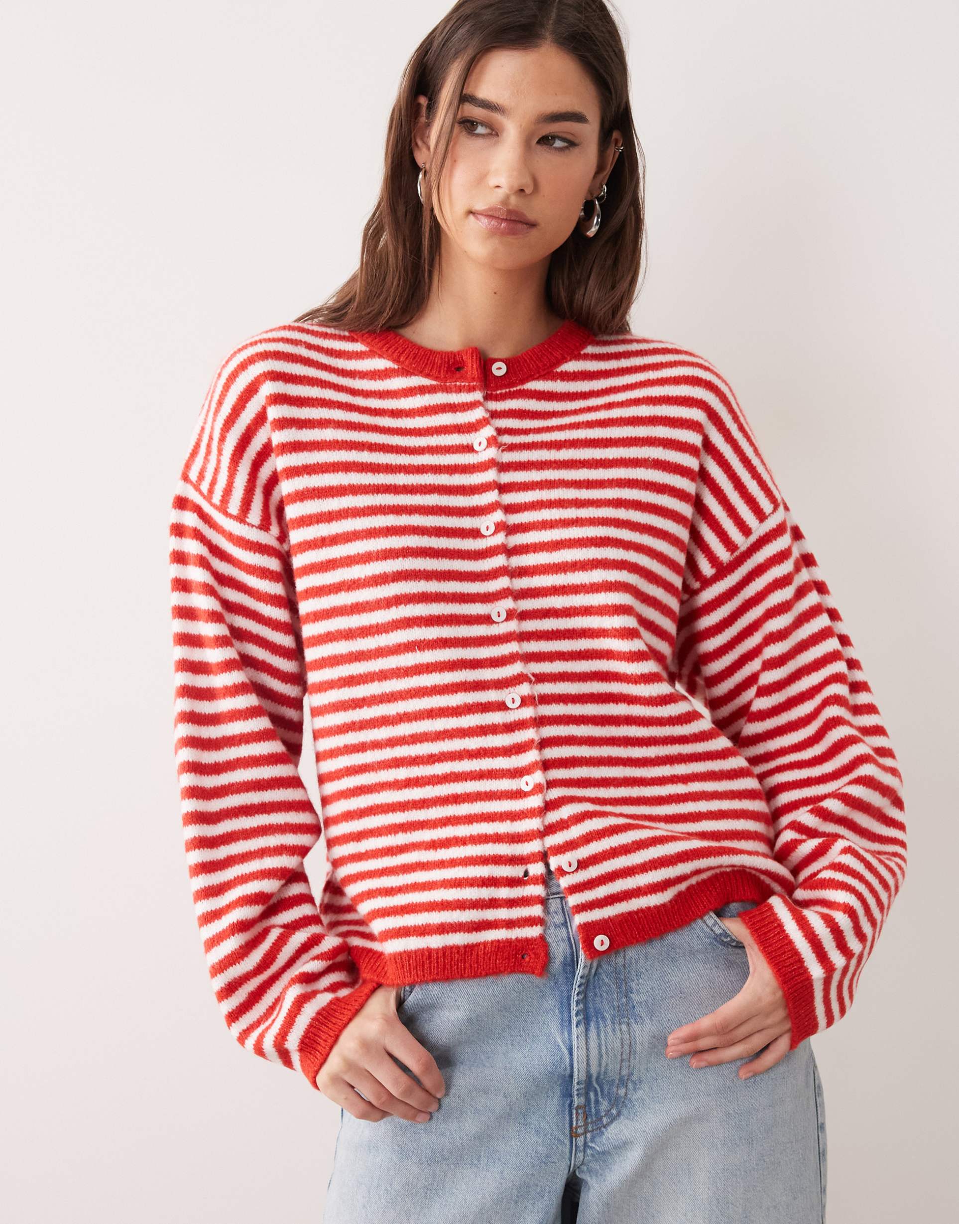 asos design lightweight relaxed cardigan in red and white stripe