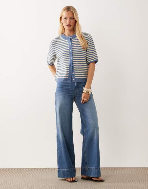 ASOS DESIGN lightweight relaxed short sleeve cardigan in blue & buttermilk, 2 of 4