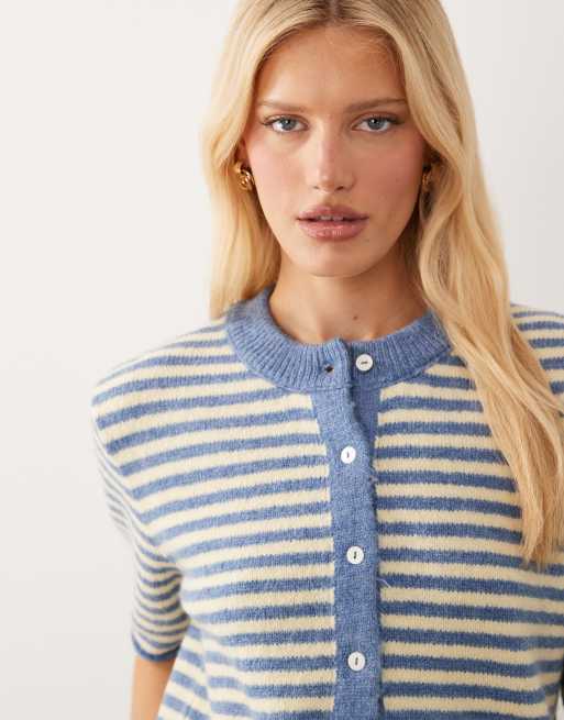 ASOS DESIGN lightweight relaxed short sleeve cardigan in blue & buttermilk, 3 of 4