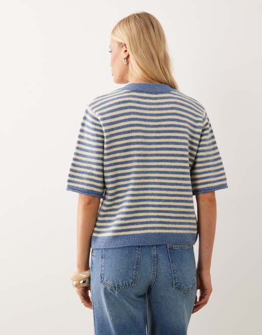 ASOS DESIGN lightweight relaxed short sleeve cardigan in blue & buttermilk, 4 of 4