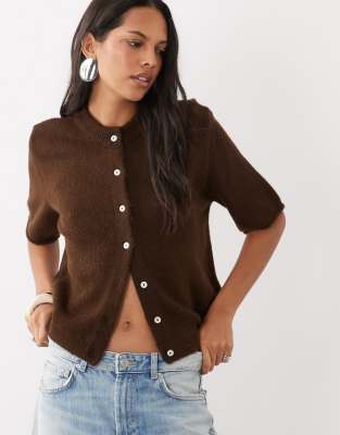 Asos Design Lightweight Relaxed Short Sleeve Cardigan In Brown