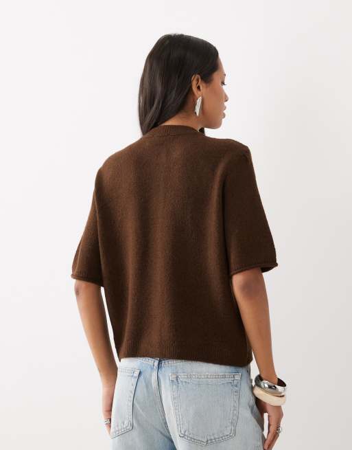 ASOS DESIGN lightweight relaxed short sleeve cardigan in chocolate, 4 of 4