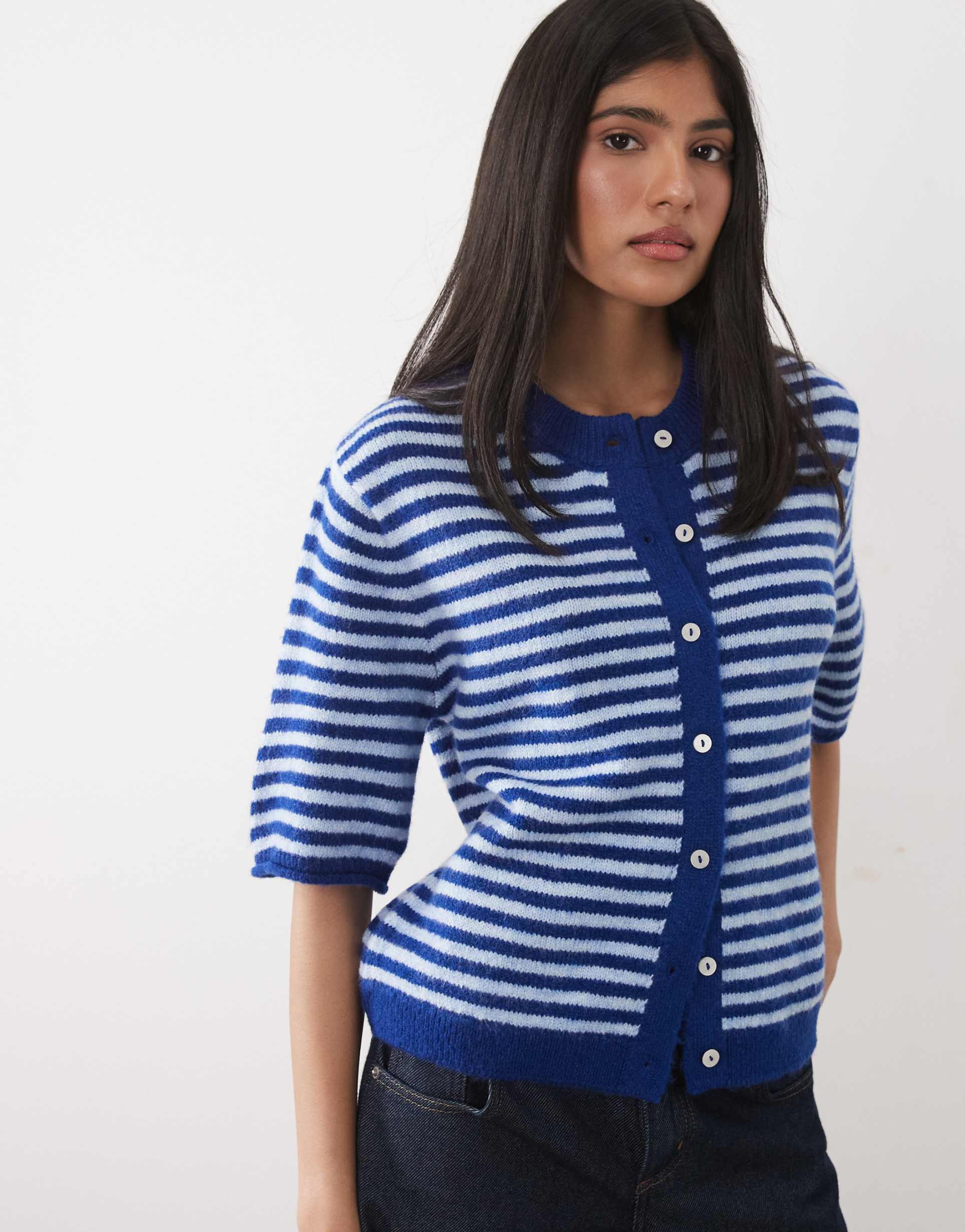 asos design lightweight relaxed short sleeve cardigan in cobalt stripes