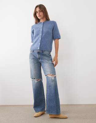 Asos Design Lightweight Relaxed Short Sleeve Cardigan In Blue