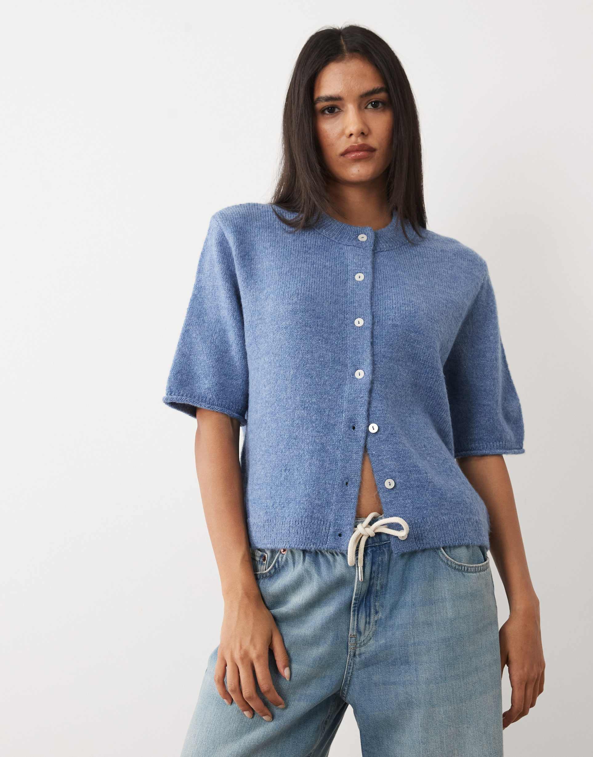 asos design lightweight relaxed short sleeve cardigan in light blue