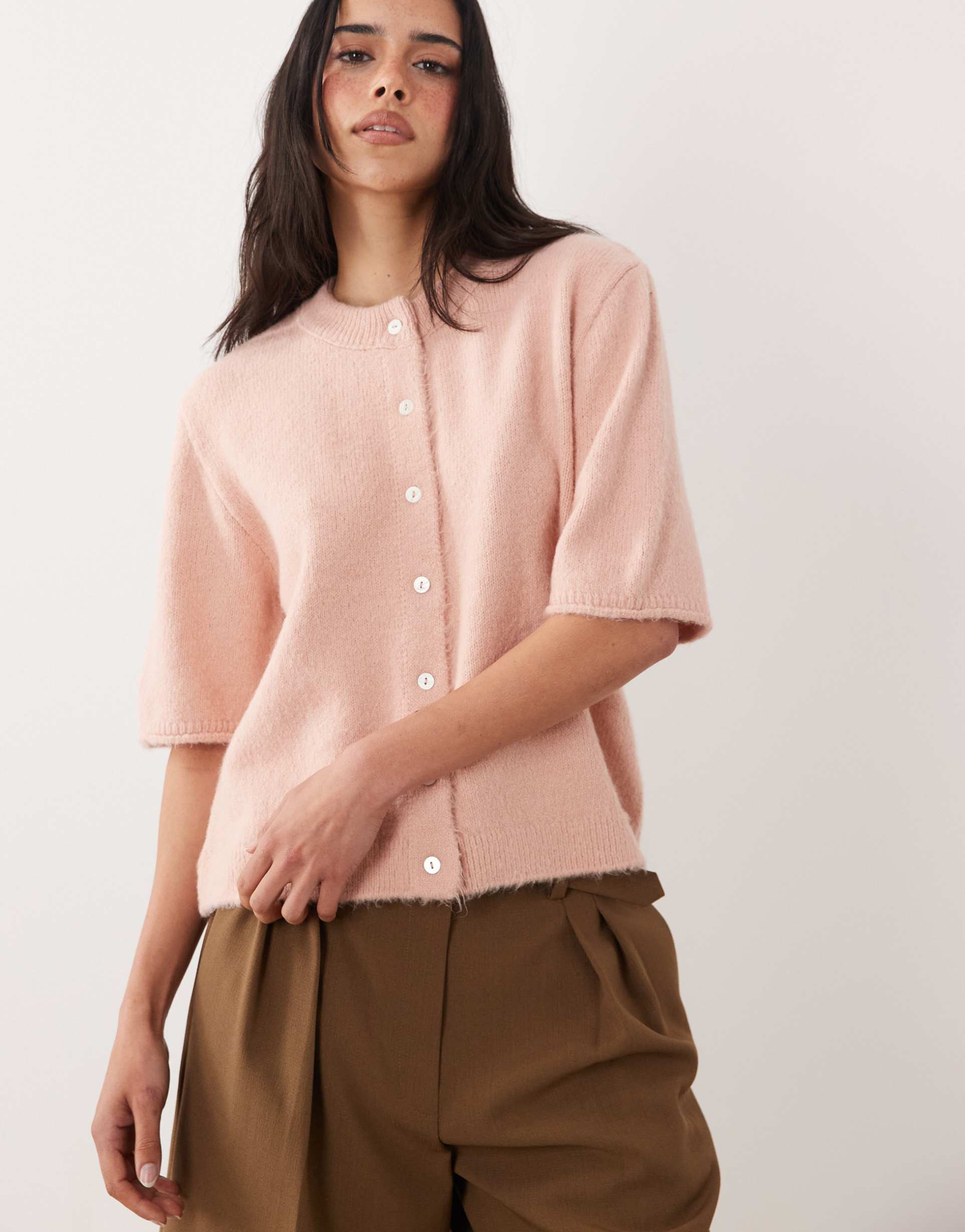 asos design lightweight relaxed short sleeve cardigan in pink