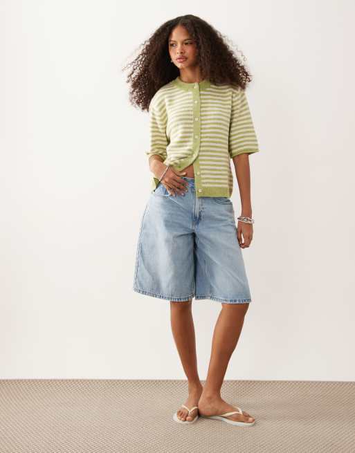 ASOS DESIGN lightweight relaxed short sleeve cardigan in pistachio and white stripe, 3 of 4