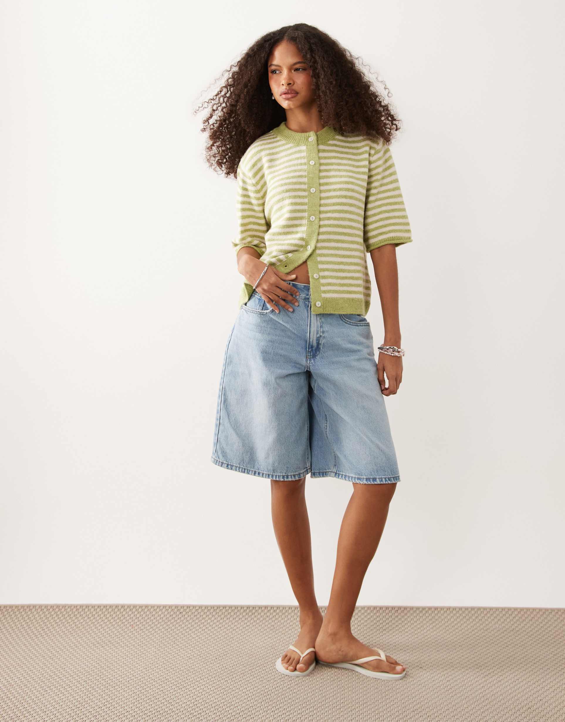 asos design lightweight relaxed short sleeve cardigan in pistachio and white stripes