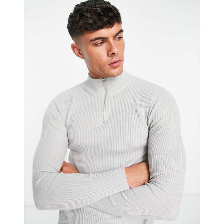 ASOS DESIGN lightweight rib jumper with half zip in grey | ASOS