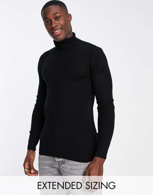 Asos design muscle fit ribbed roll neck jumper in on sale black