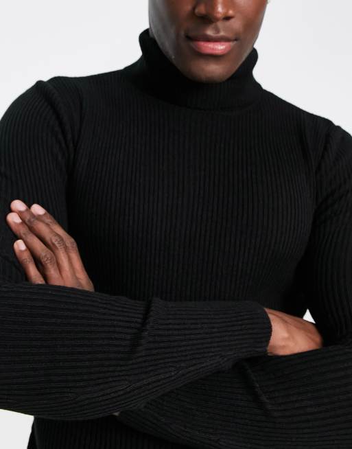 ASOS DESIGN lightweight rib jumper with roll neck in black | ASOS