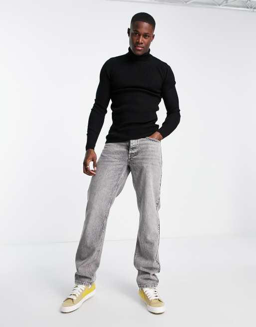 ASOS DESIGN lightweight rib jumper with roll neck in black | ASOS