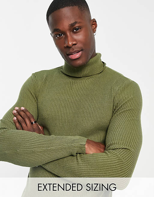 ASOS DESIGN lightweight rib sweater with roll neck in khaki