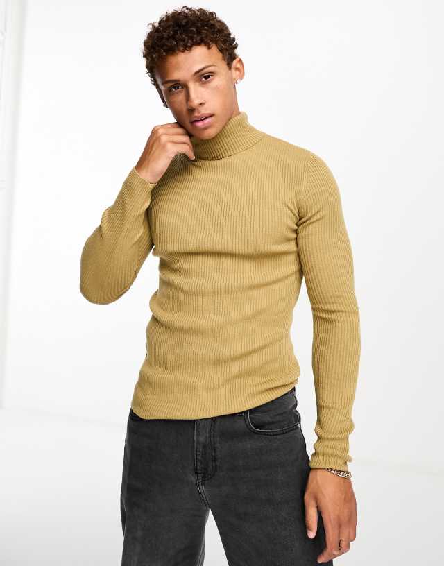 ASOS DESIGN lightweight rib sweater with roll neck in light brown