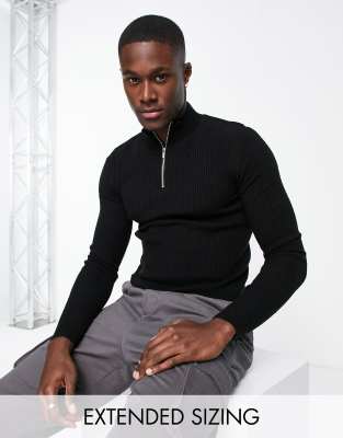 Asos Design Lightweight Ribbed Sweater With Half Zip In Black