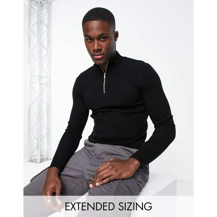 ASOS DESIGN lightweight ribbed sweater with half zip in black | ASOS